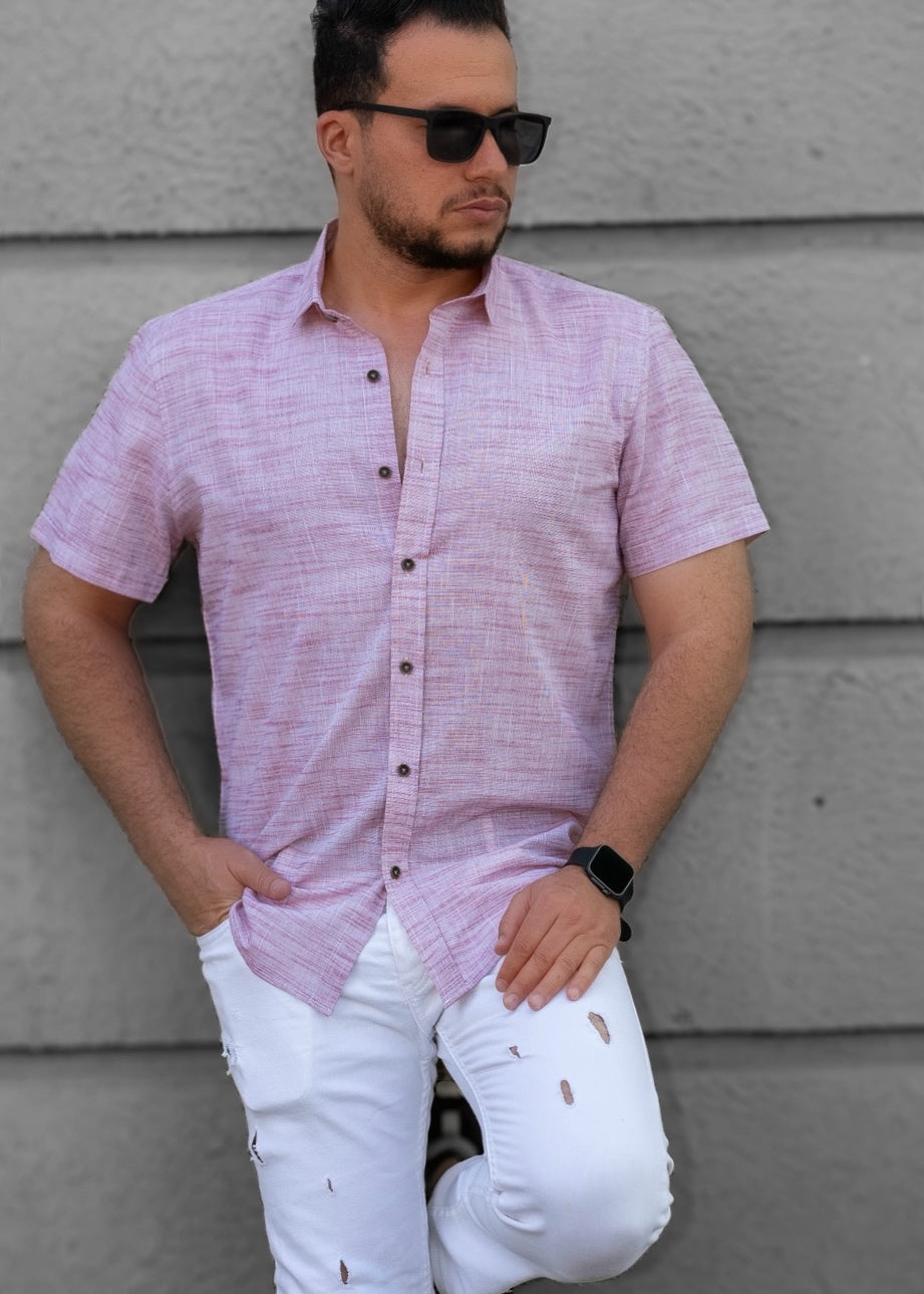 Pudrowo Różowa Męska Koszula Z Klasycznym Kołnierzem Krótki Rękaw Slim Fit Letnia