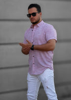 Pudrowo Różowa Męska Koszula Z Klasycznym Kołnierzem Krótki Rękaw Slim Fit Letnia