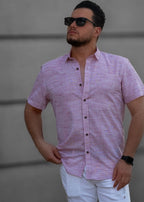 Pudrowo Różowa Męska Koszula Z Klasycznym Kołnierzem Krótki Rękaw Slim Fit Letnia