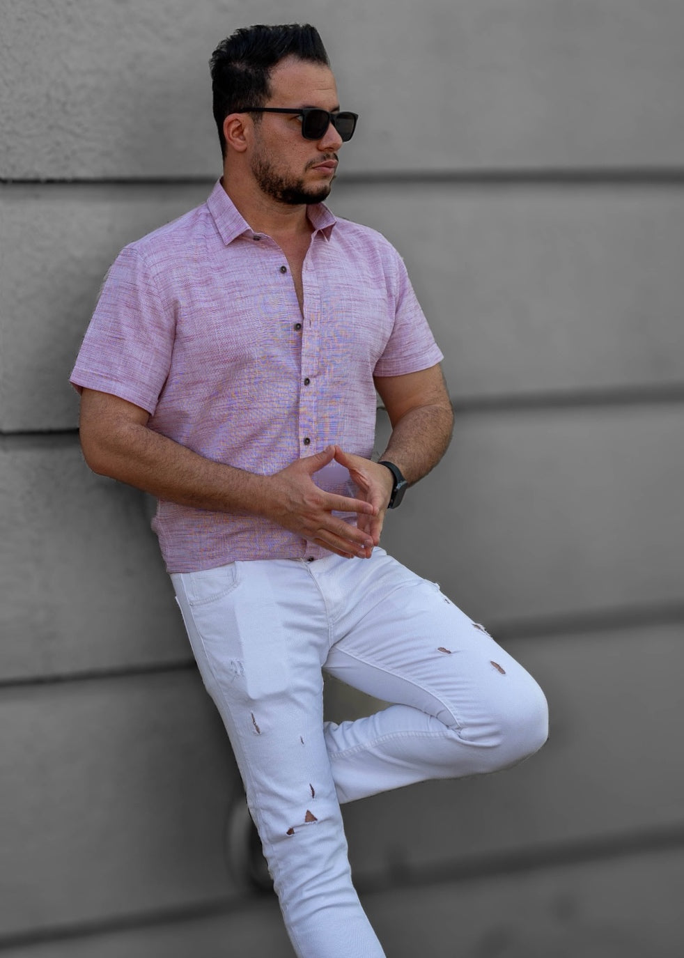 Pudrowo Różowa Męska Koszula Z Klasycznym Kołnierzem Krótki Rękaw Slim Fit Letnia