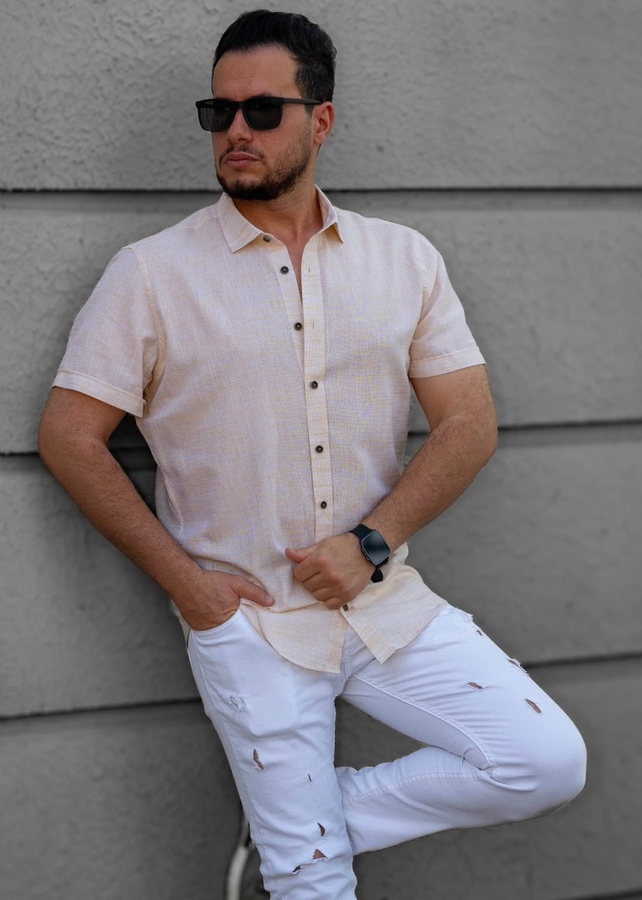 Kremowo-Beżowa Męska Koszula Z Klasycznym Kołnierzem Krótki Rękaw Slim Fit Letnia
