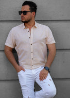 Kremowo-Beżowa Męska Koszula Z Klasycznym Kołnierzem Krótki Rękaw Slim Fit Letnia