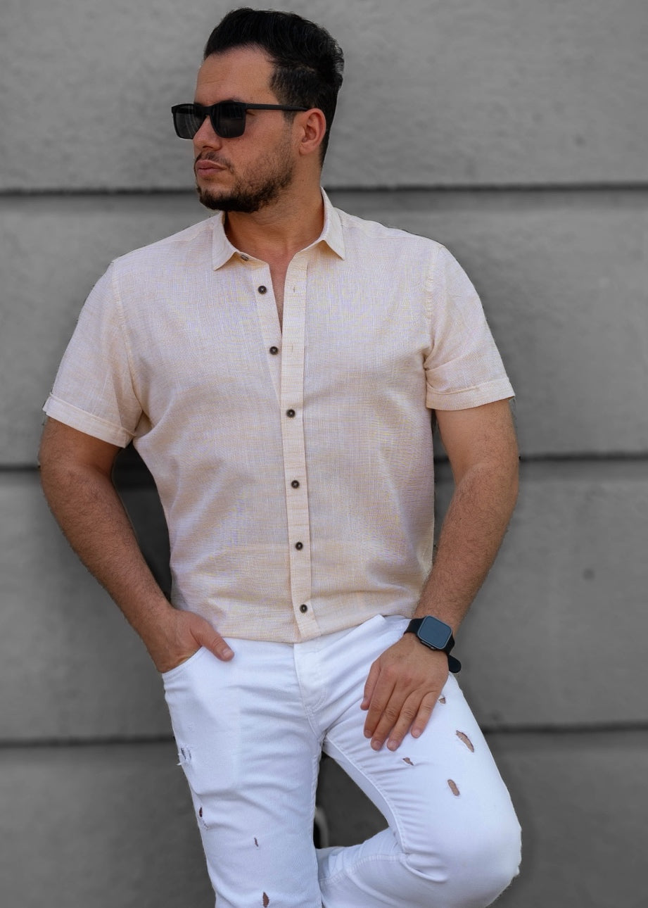 Kremowo-Beżowa Męska Koszula Z Klasycznym Kołnierzem Krótki Rękaw Slim Fit Letnia