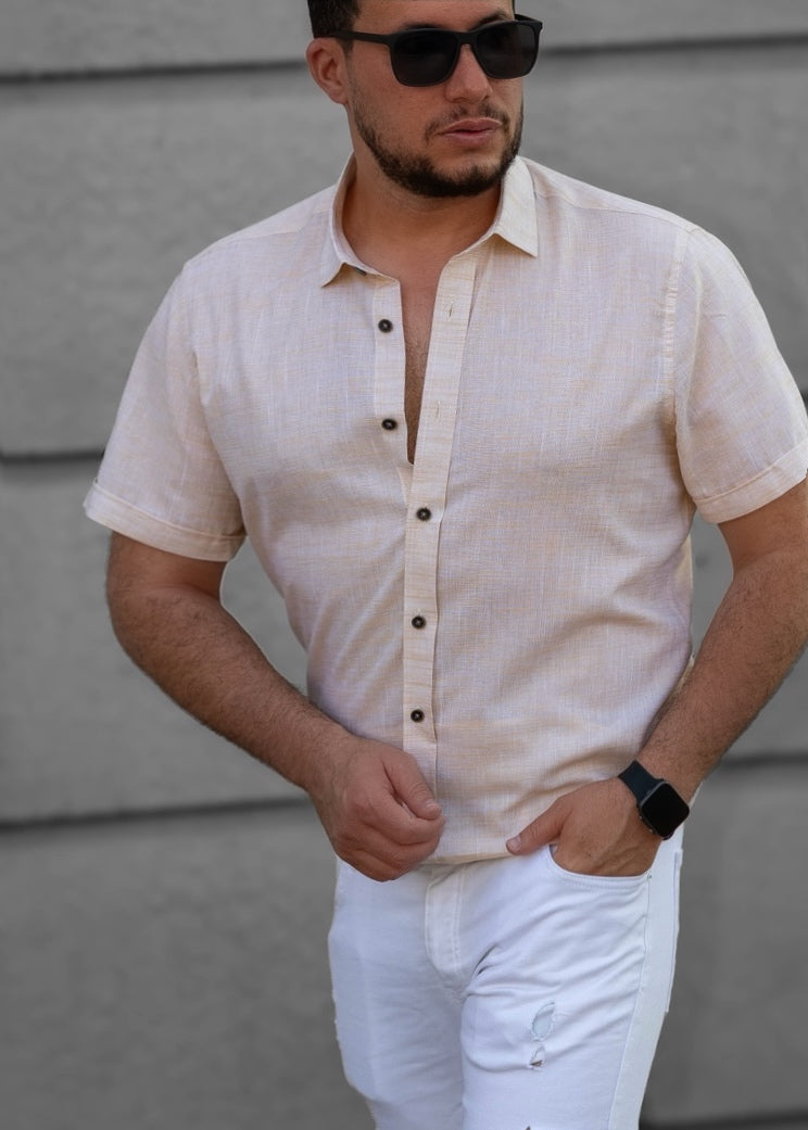 Kremowo-Beżowa Męska Koszula Z Klasycznym Kołnierzem Krótki Rękaw Slim Fit Letnia