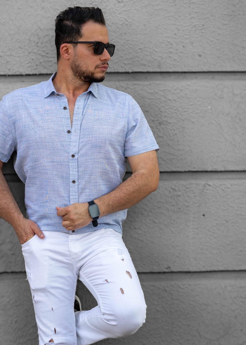 Jasnoniebieska Męska Koszula Z Klasycznym Kołnierzem Krótki Rękaw Slim Fit Letnia