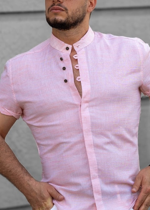 Różowa Męska Koszula Ze Stójką Krótki Rękaw Slim Fit Letnia