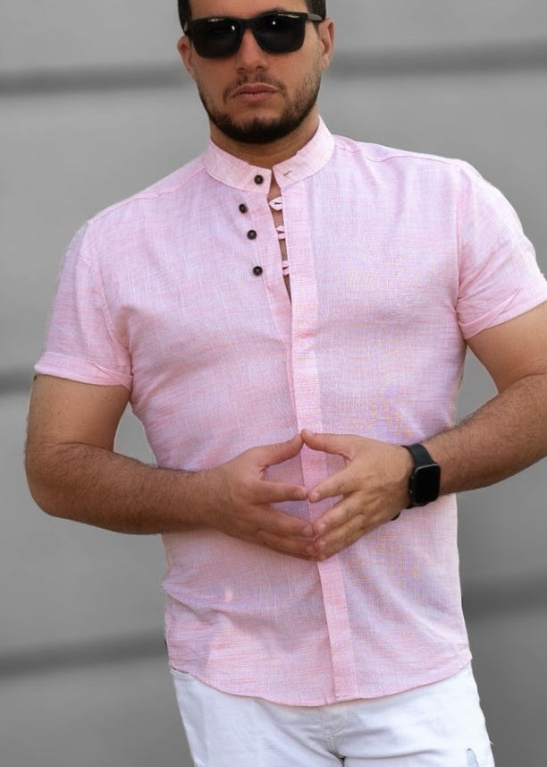 Różowa Męska Koszula Ze Stójką Krótki Rękaw Slim Fit Letnia