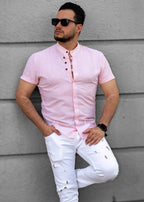 Różowa Męska Koszula Ze Stójką Krótki Rękaw Slim Fit Letnia