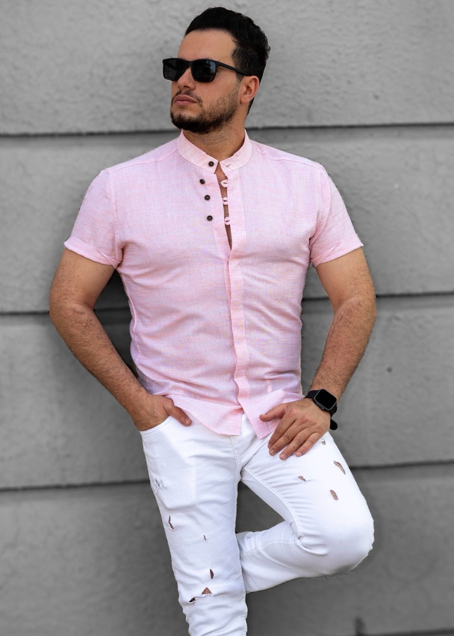 Różowa Męska Koszula Ze Stójką Krótki Rękaw Slim Fit Letnia
