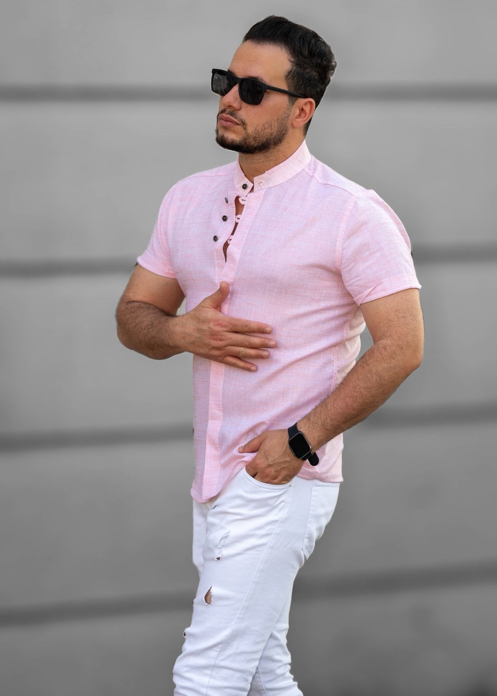Różowa Męska Koszula Ze Stójką Krótki Rękaw Slim Fit Letnia