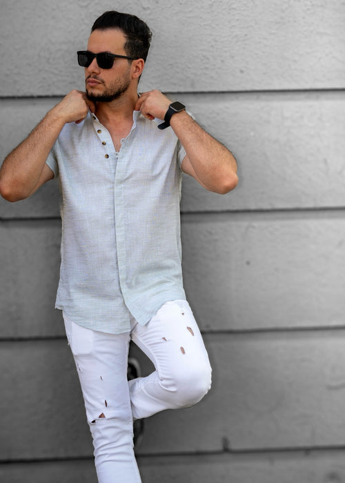 Jasnobłękitna Męska Koszula Ze Stójką Krótki Rękaw Slim Fit Letnia