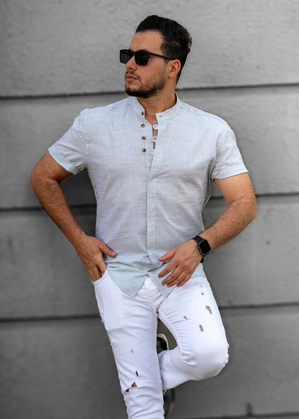 Jasnobłękitna Męska Koszula Ze Stójką Krótki Rękaw Slim Fit Letnia