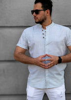 Jasnobłękitna Męska Koszula Ze Stójką Krótki Rękaw Slim Fit Letnia