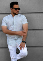 Jasnobłękitna Męska Koszula Ze Stójką Krótki Rękaw Slim Fit Letnia