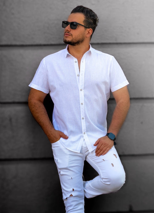 Biała Męska Koszula Z Klasycznym Kołnierzem Krótki Rękaw Slim Fit Letnia