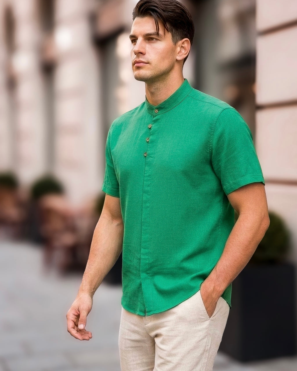 Koszula męska lniana flamowana zielona intensywna slim fit M-2XL