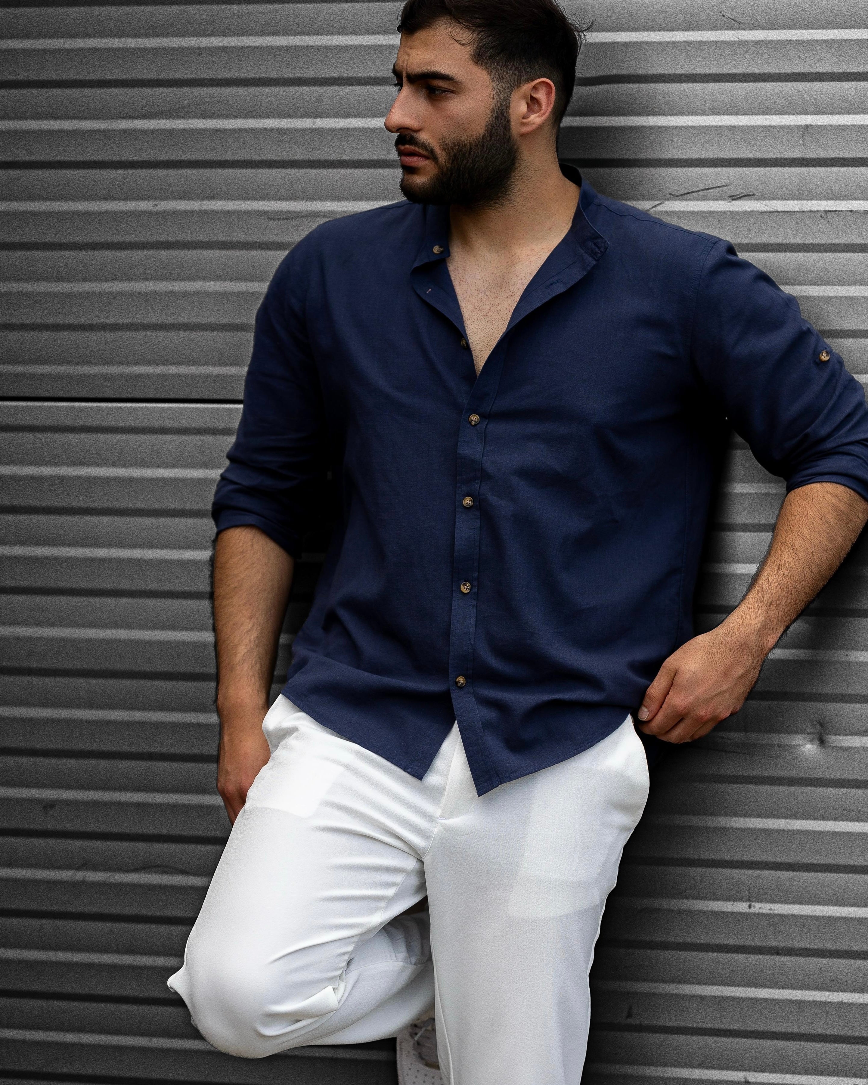 Koszula Męska Lniana Granatowa Slim Fit – Klasyczny Kołnierzyk, Letnia M–2XL