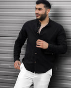 Koszula Męska Lniana Czarna Slim Fit Ze Stójką – Letnia, Przewiewna M–2XL