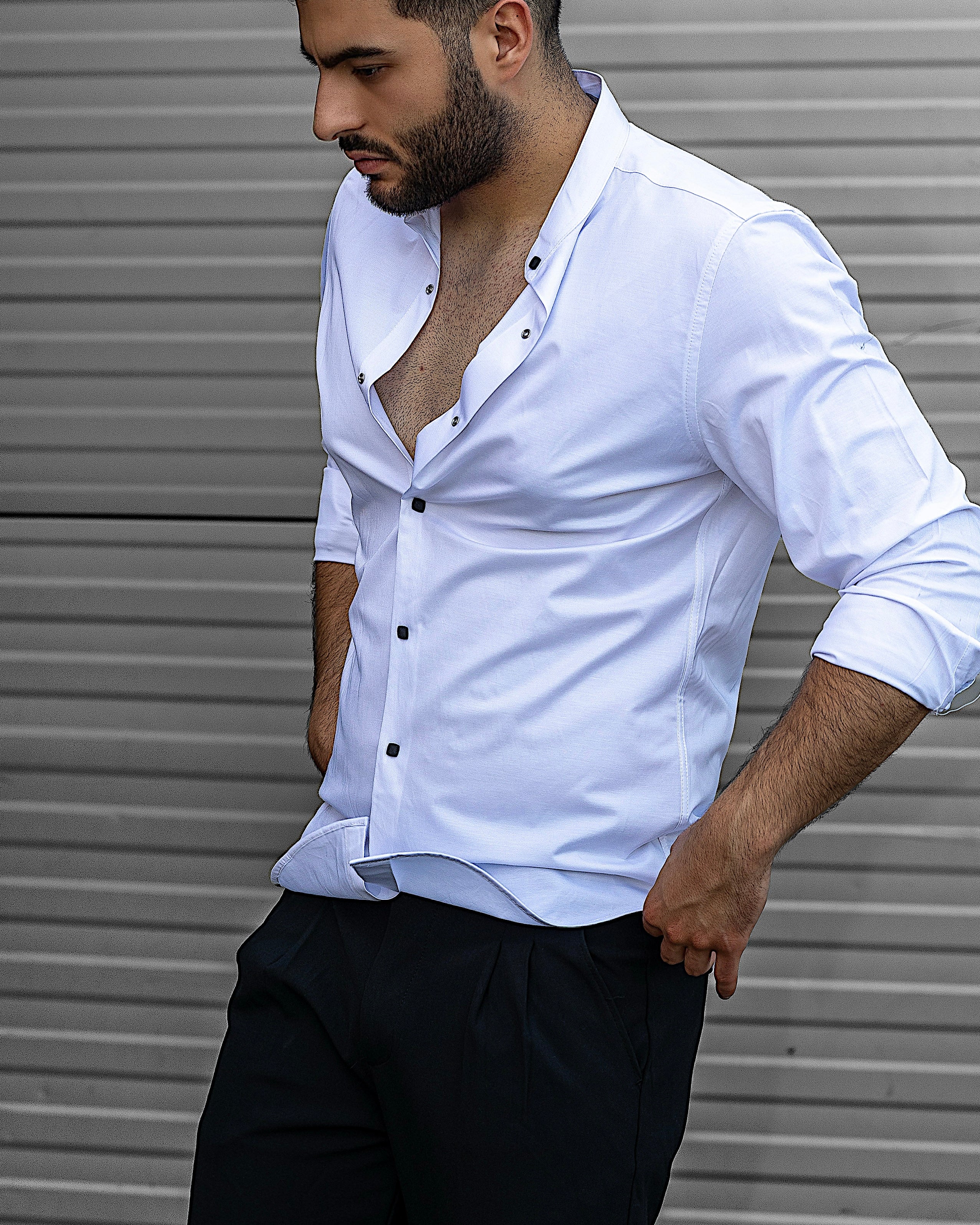 Koszula Męska Satynowa Slim Ze Stójką Biała Optyczna Napy 95% Bawełna 5% Elastan S–3XL