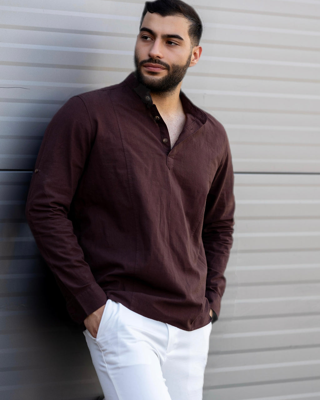 Koszula Męska Lniana Bordowa Slim Fit Ze Stójką – Letnia, Przewiewna M–2XL