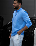 Koszula Męska Lniana Błękitna Slim Fit Ze Stójką – Przewiewna Letnia M–2XL