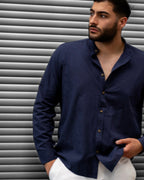 Koszula Męska Lniana Granatowa Slim Fit – Klasyczny Kołnierzyk, Letnia M–2XL