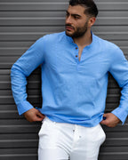 Koszula Męska Lniana Błękitna Slim Fit Ze Stójką – Przewiewna Letnia M–2XL