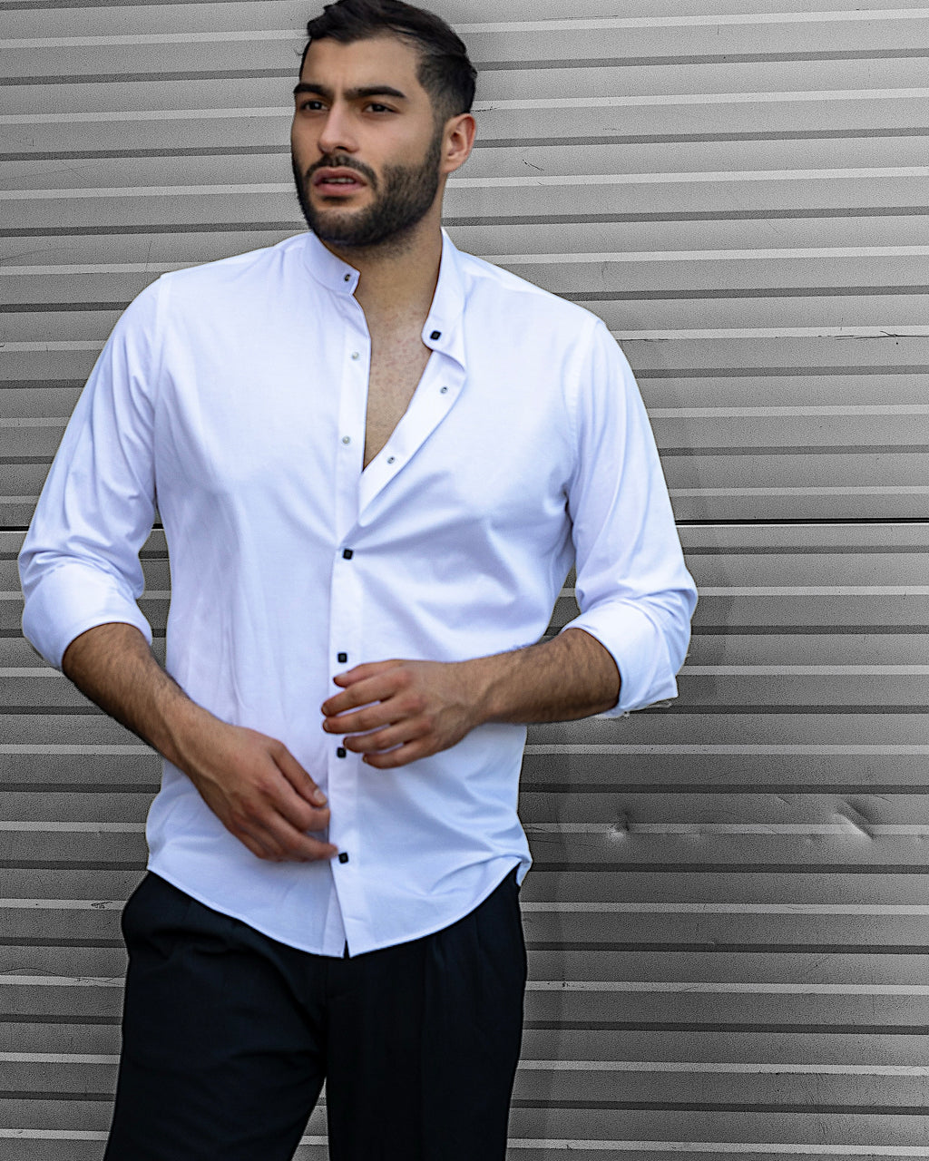 Koszula Męska Satynowa Slim Ze Stójką Biała Optyczna Napy 95% Bawełna 5% Elastan S–3XL