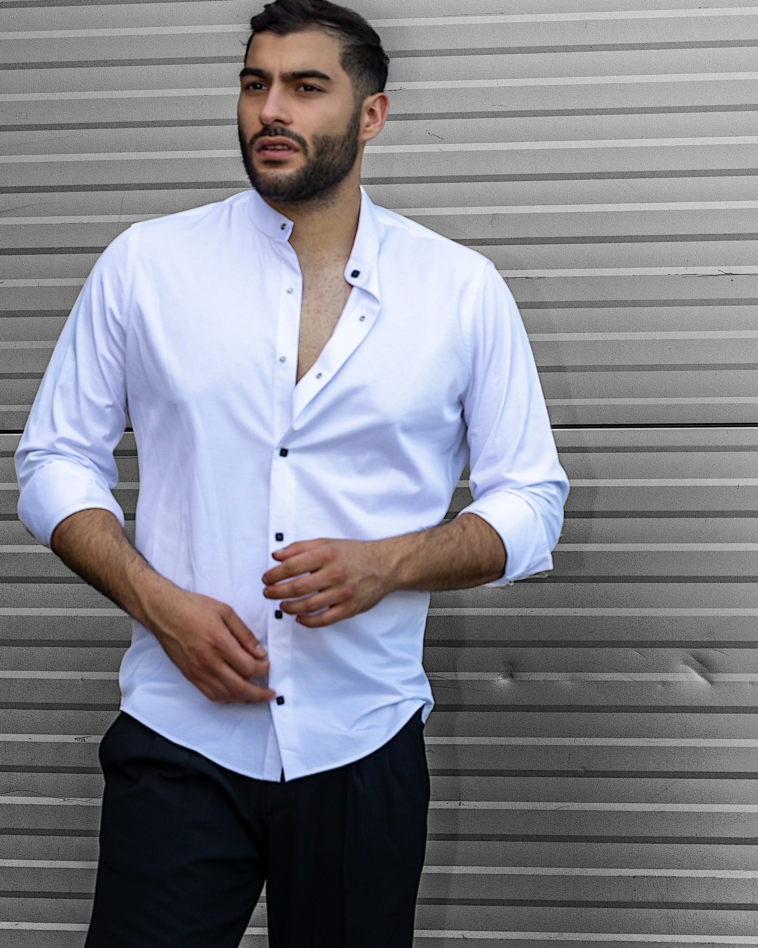 Koszula Męska Satynowa Slim Ze Stójką Biała Optyczna Napy 95% Bawełna 5% Elastan S–3XL