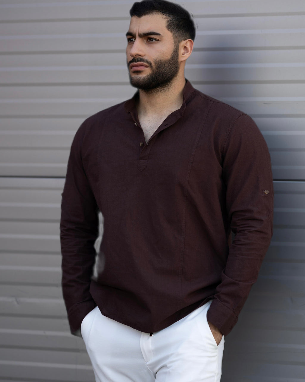 Koszula Męska Lniana Bordowa Slim Fit Ze Stójką – Letnia, Przewiewna M–2XL