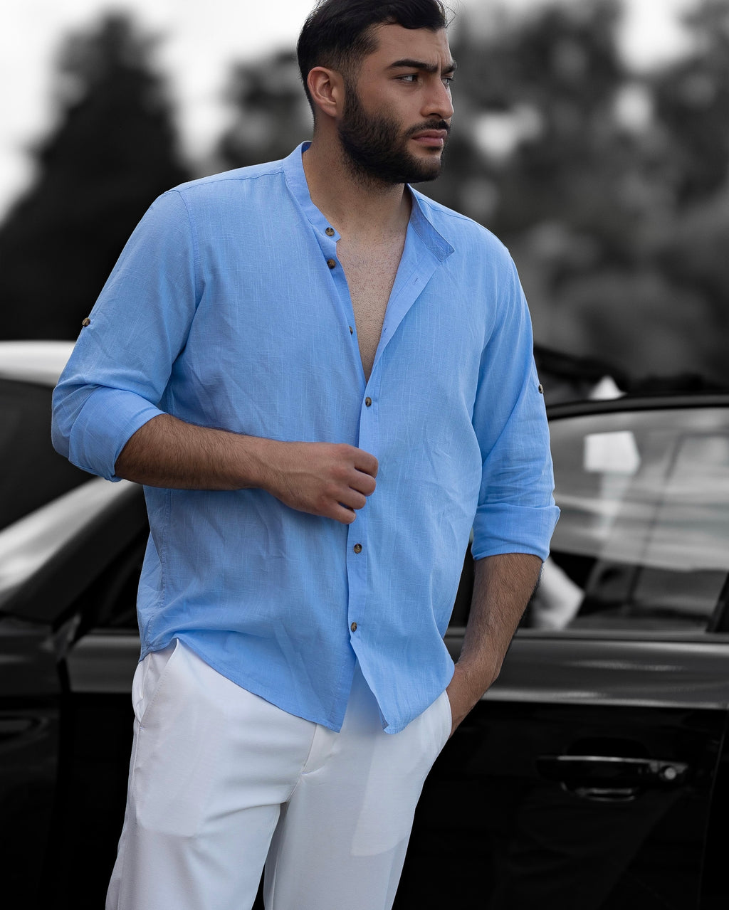 Koszula Męska Lniana Błękitna Slim Fit – Klasyczny Kołnierzyk, Letnia M–2XL