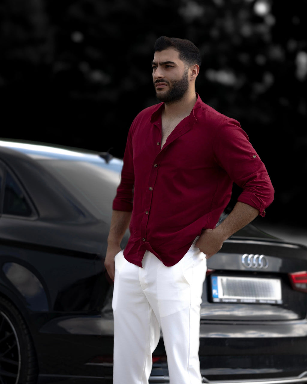 Koszula Męska Lniana Bordowa Slim Fit Ze Stójką – Letnia, Przewiewna M–2XL