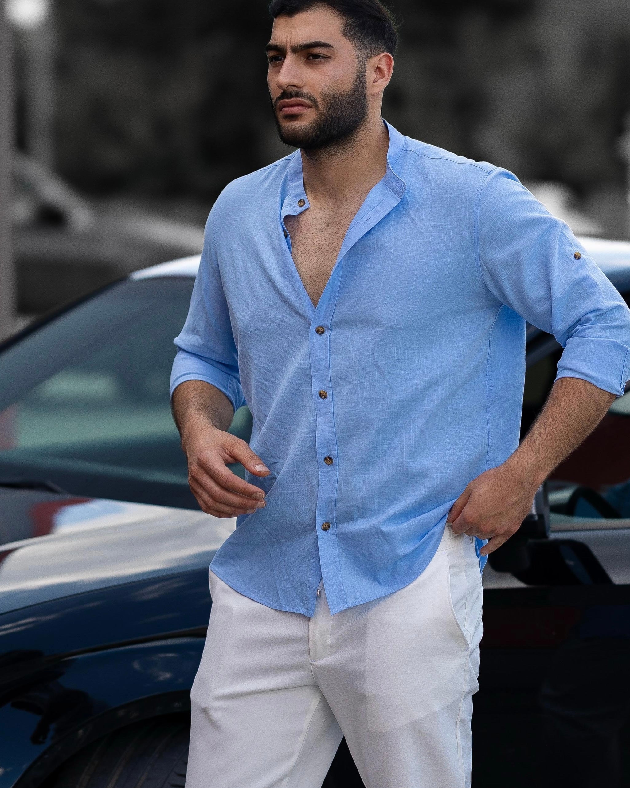Koszula Męska Lniana Błękitna Slim Fit – Klasyczny Kołnierzyk, Letnia M–2XL