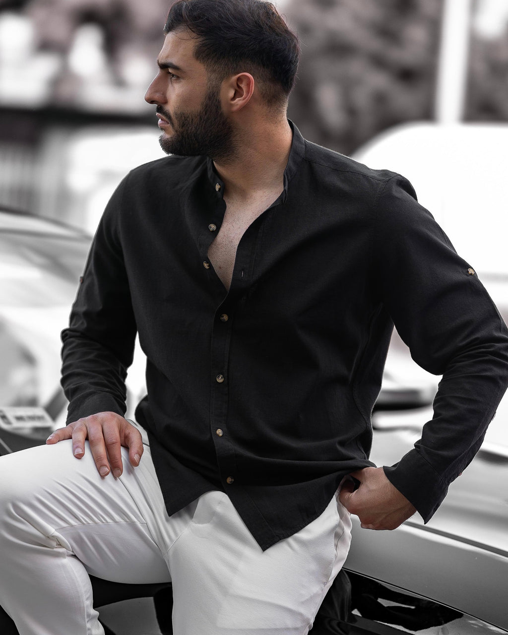 Koszula Męska Lniana Czarna Slim Fit Ze Stójką – Letnia, Przewiewna M–2XL