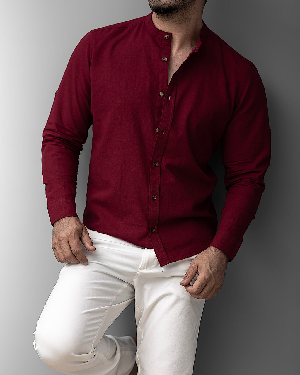 Bordowa męska koszula lniana ze stójką – M-2XL