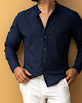 Męska koszula lniana granatowa Slim Fit – lekka, przewiewna, długi rękaw | M–2XL