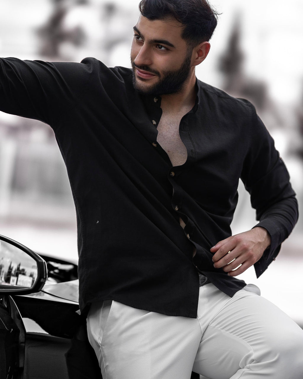 Koszula Męska Lniana Czarna Slim Fit Ze Stójką – Letnia, Przewiewna M–2XL