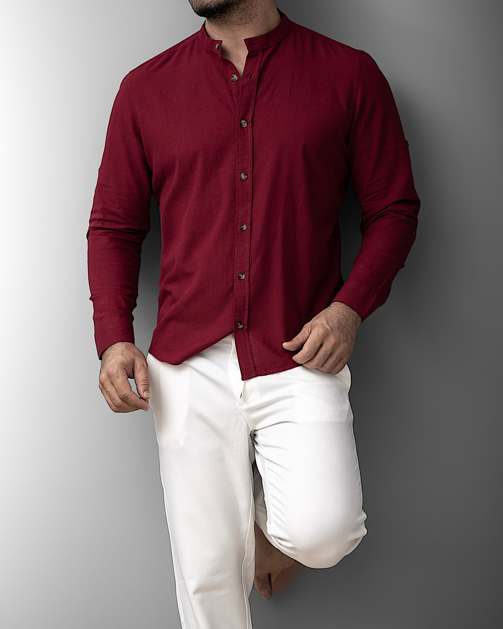 Bordowa męska koszula lniana ze stójką – M-2XL