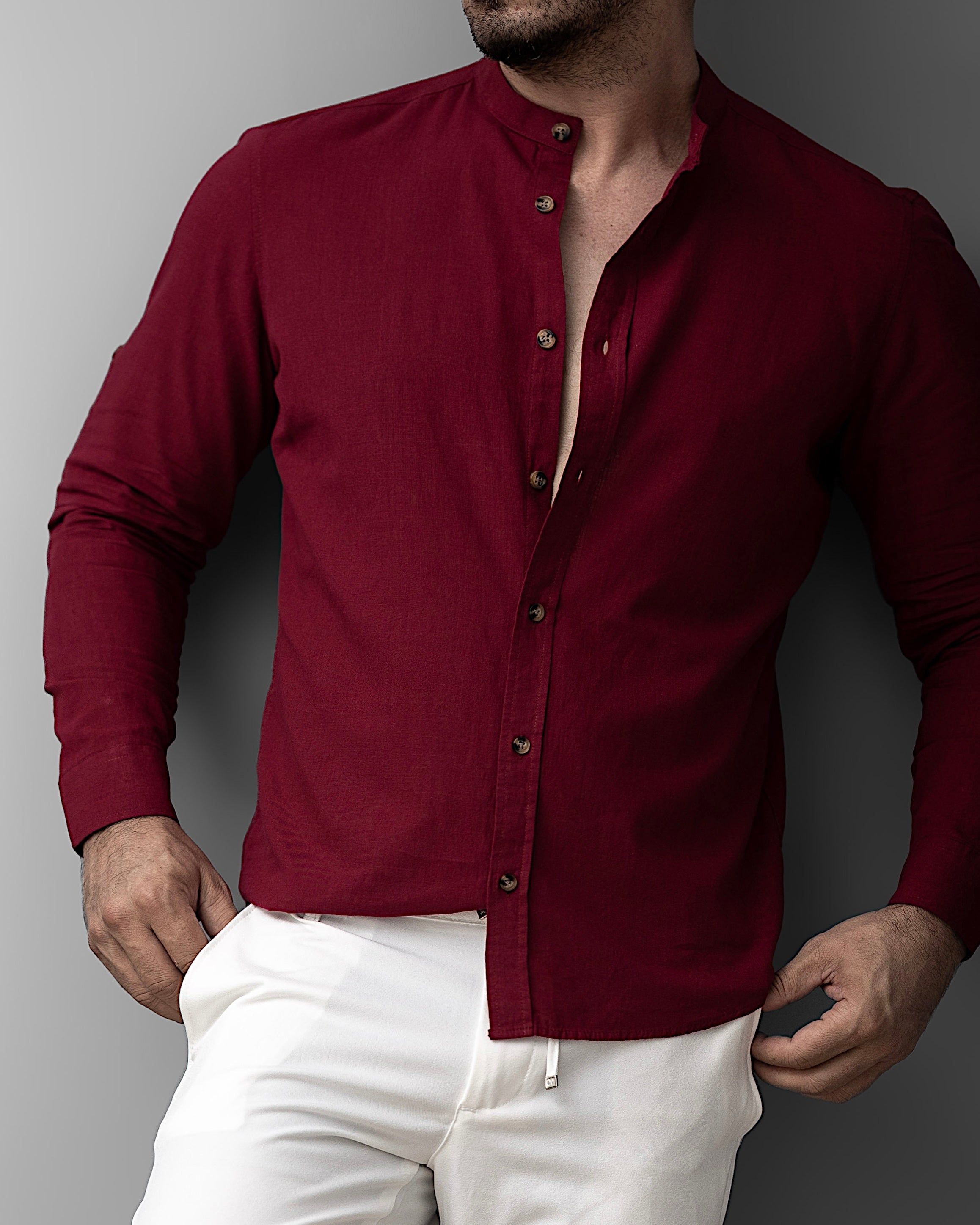 Bordowa męska koszula lniana ze stójką – M-2XL