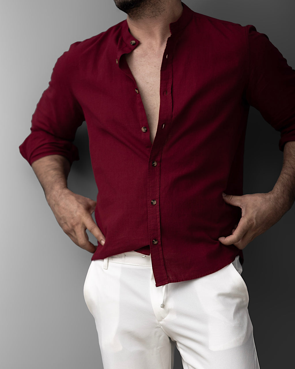 Bordowa męska koszula lniana ze stójką – M-2XL