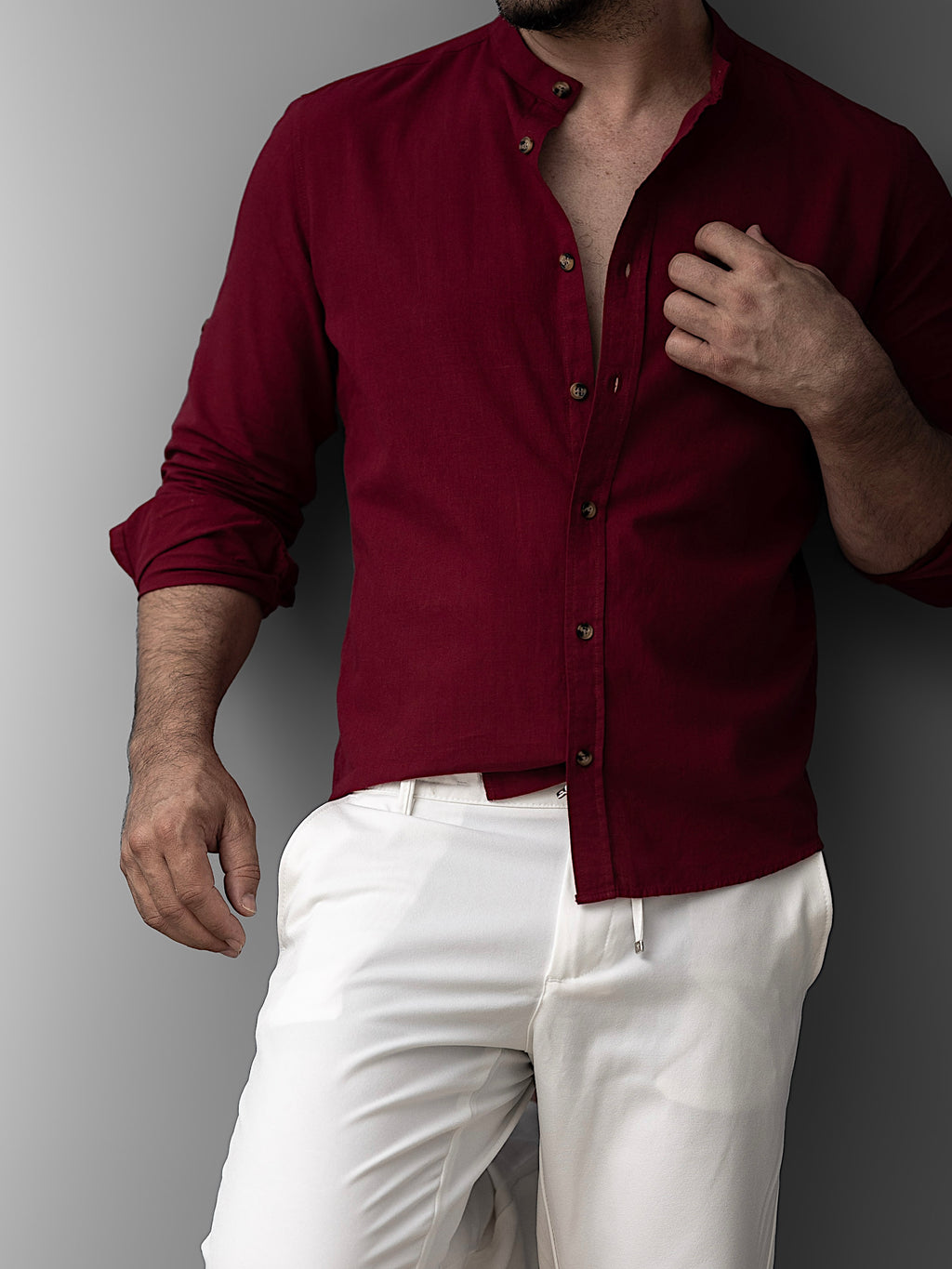 Bordowa męska koszula lniana ze stójką – M-2XL