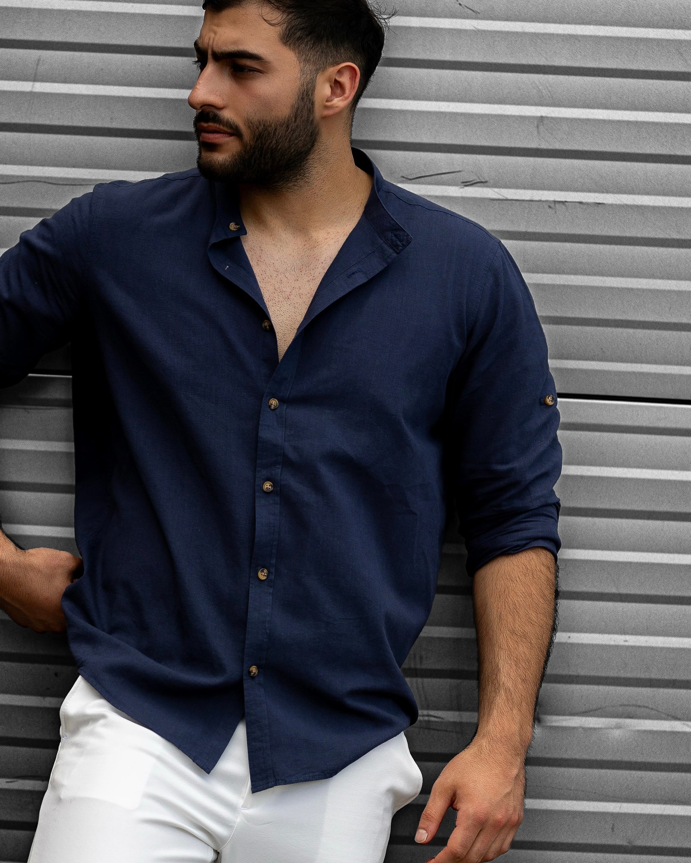 Koszula Męska Lniana Granatowa Slim Fit – Klasyczny Kołnierzyk, Letnia M–2XL
