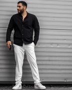 Koszula Męska Lniana Czarna Slim Fit Ze Stójką – Letnia, Przewiewna M–2XL