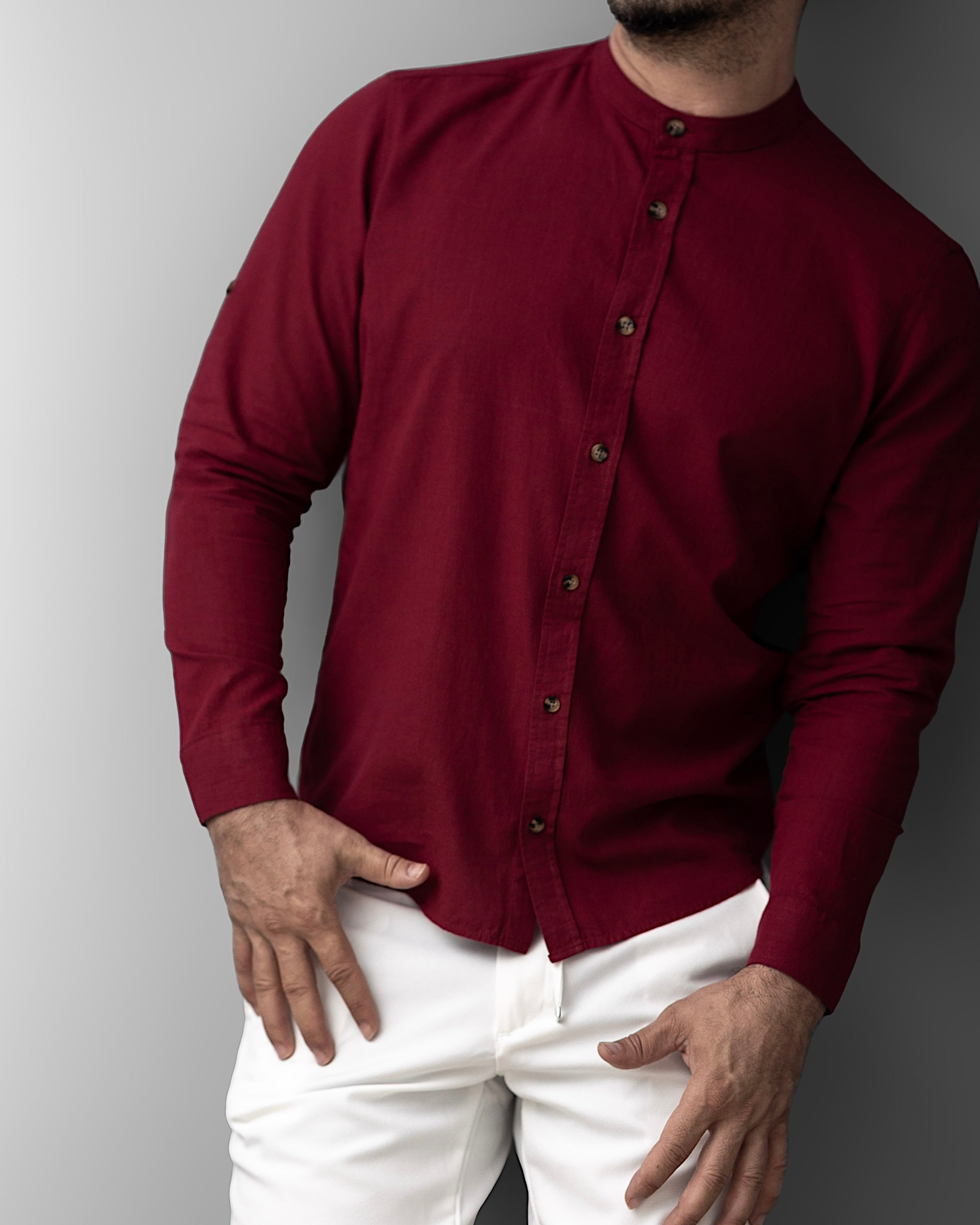 Bordowa męska koszula lniana ze stójką – M-2XL