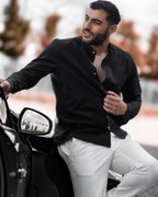 Koszula Męska Lniana Czarna Slim Fit Ze Stójką – Letnia, Przewiewna M–2XL