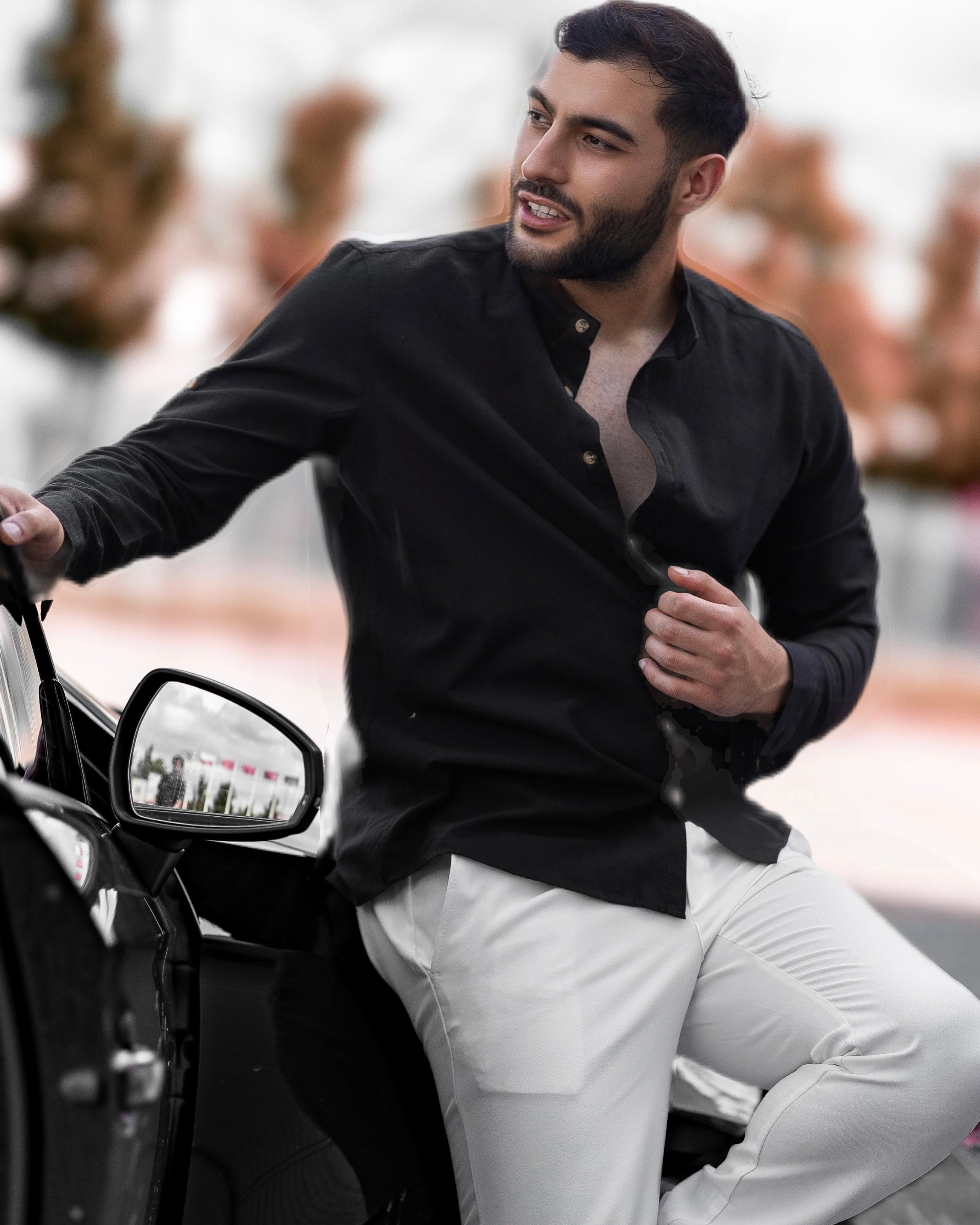 Koszula Męska Lniana Czarna Slim Fit Ze Stójką – Letnia, Przewiewna M–2XL