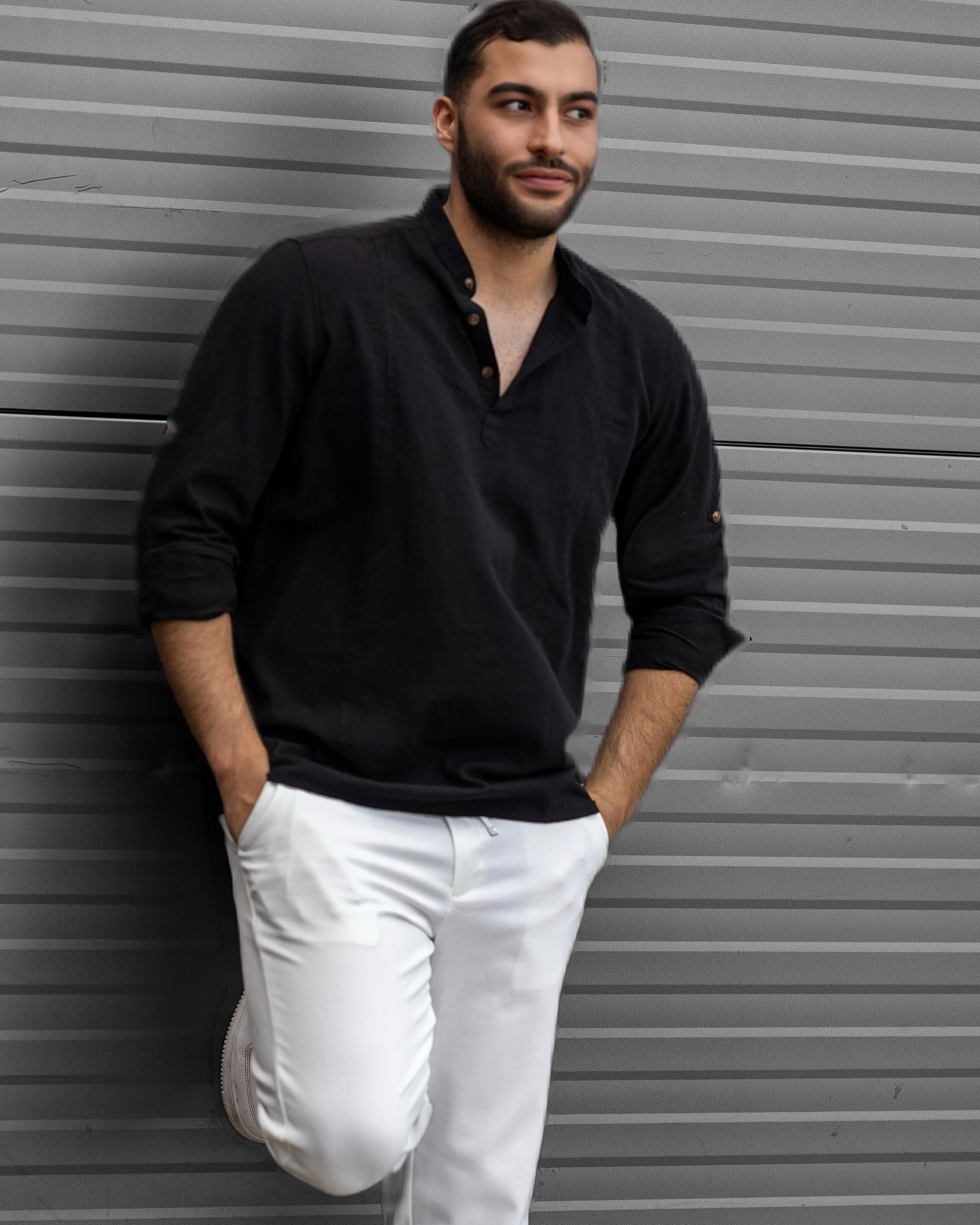Koszula Męska Lniana Czarna Slim Fit Ze Stójką – Letnia, Przewiewna M–2XL