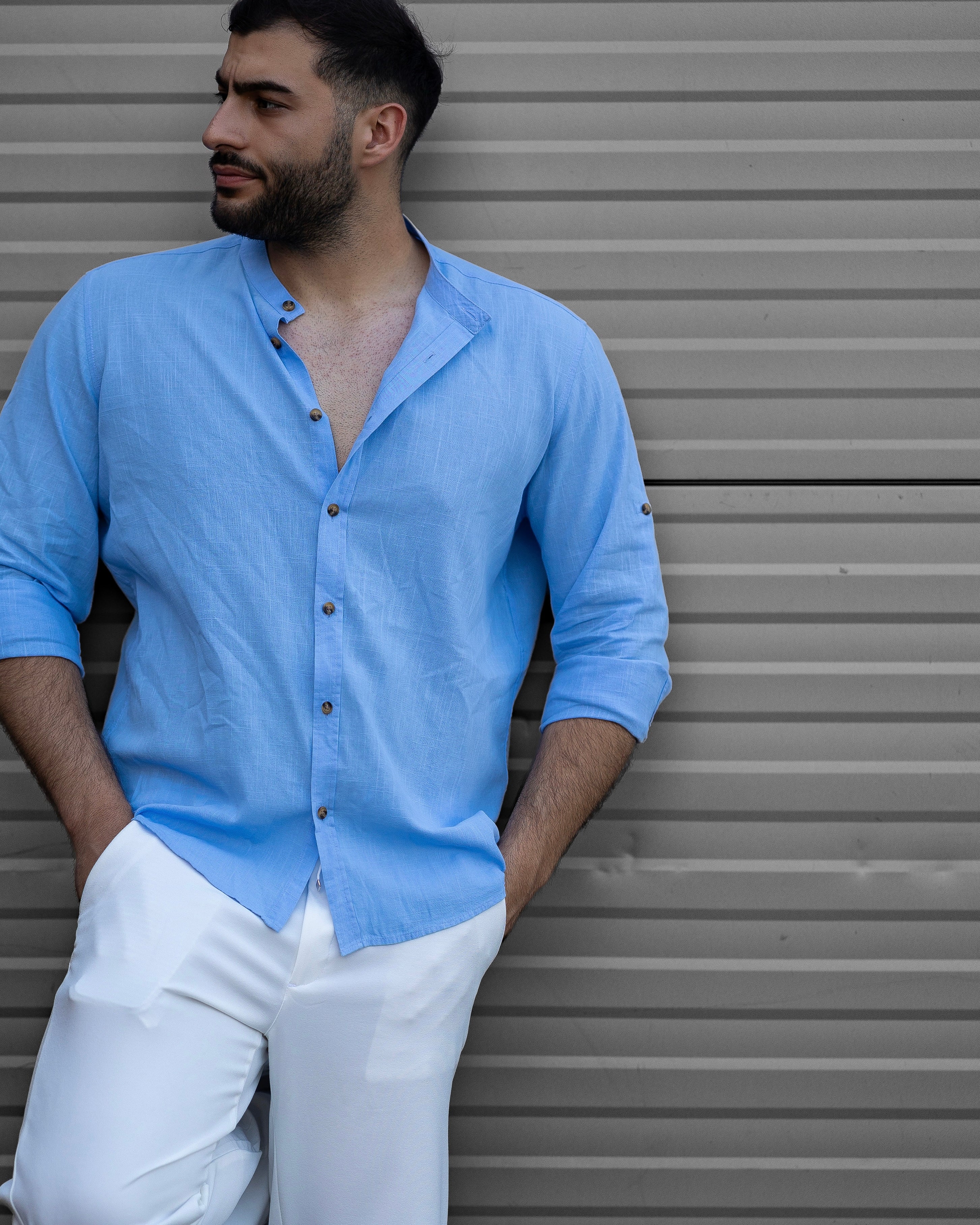 Koszula Męska Lniana Błękitna Slim Fit – Klasyczny Kołnierzyk, Letnia M–2XL