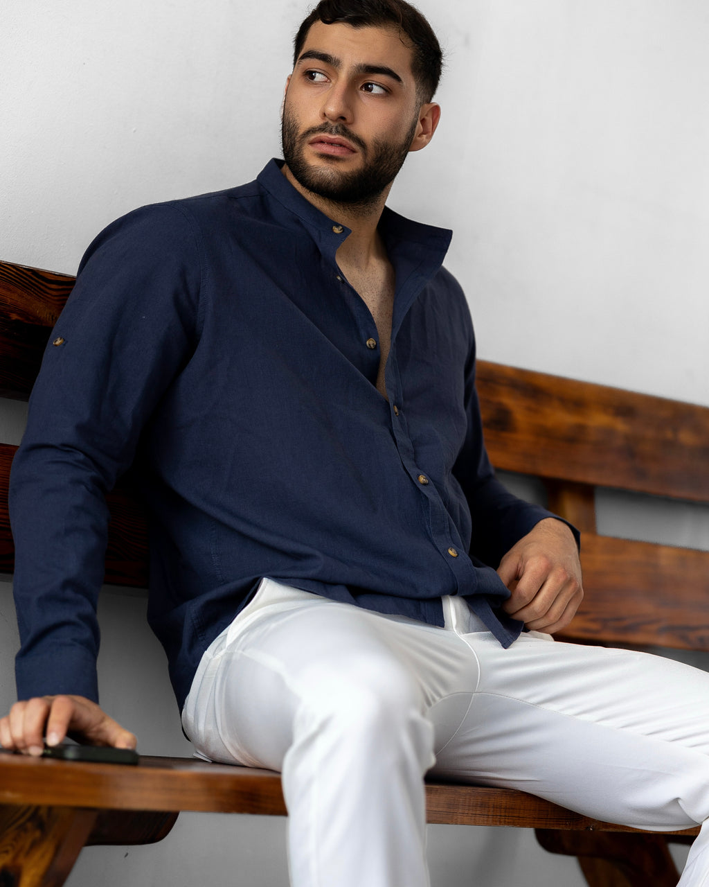 Koszula Męska Lniana Granatowa Slim Fit – Klasyczny Kołnierzyk, Letnia M–2XL