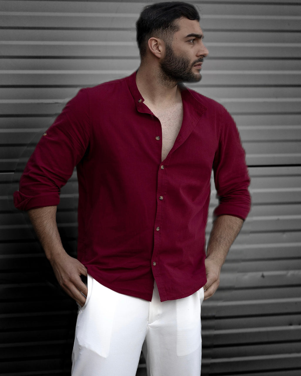 Koszula Męska Lniana Bordowa Slim Fit Ze Stójką – Letnia, Przewiewna M–2XL